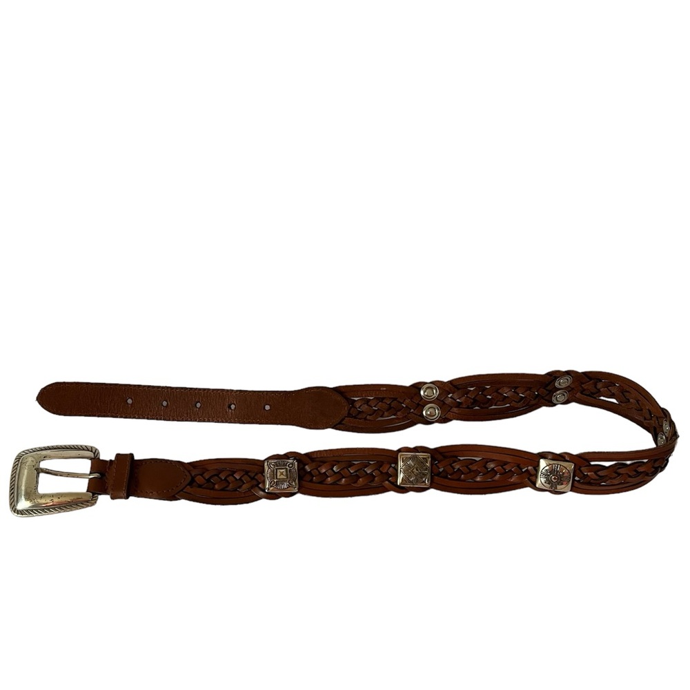 Fossil Brown Leather Braided Belt Silver Decor Size Medium